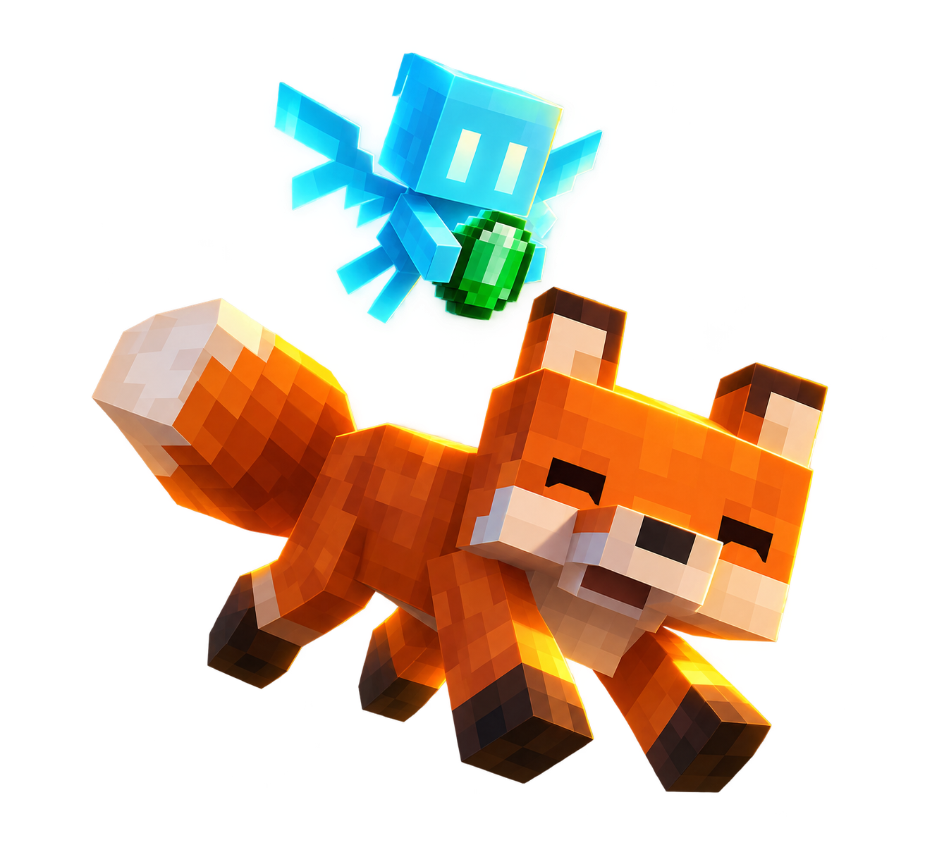 Zorro de Minecraft acompañado de un pequeño allay