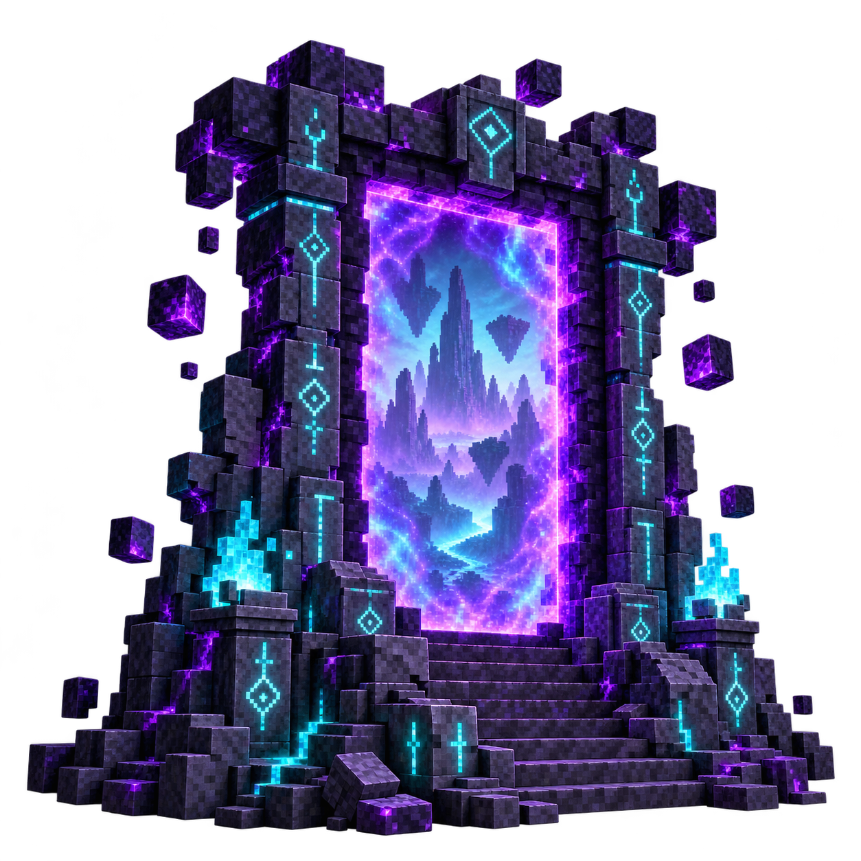 Portal de obsidiana con un umbral violeta y un paisaje desconocido al otro lado